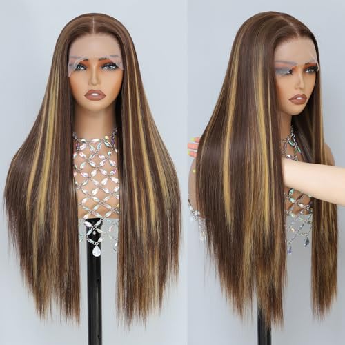 Barbique 26 Inch Synthetic Lace Front Wig Long Straight Honey Blonde Highlights - Model 1BT4P27