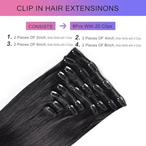 Black 24 Inch Clip-In Hair Extensions - Real Human Hair, 8pcs, 120g, Natural Black