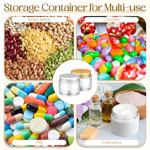 Mini Plastic Jars with Lids - 2 oz Clear Containers with Gold & Silver Aluminum Lids, Bulk 100 Pcs