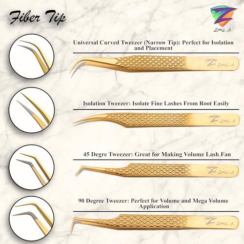 Zane L.A. Nano Fiber Tip Professional Eyelash Extension Tweezers, a pack of 4, Quality tweezers made with Japanese Stainless Steel, includes Stylish Half Moon Mirror. (Gold)
