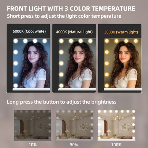 Hansong Vanity Mirror with Lights and Bluetooth Speaker 22.8''x18.4'' Lighted Makeup Mirror with 15 LED Bulbs Hollywood Vanity Mirror with 3 Lighting Modes USB Charging and 10x Magnification
