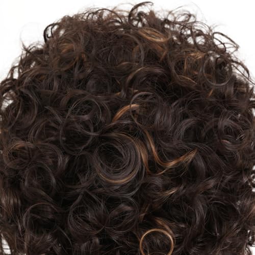 Dark Brown Curly Afro Wig Short Fluffy Men’s Cosplay Wigs - Brown Mixed Blonde Variation