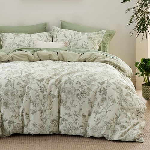 Bedsure Cotton Floral Duvet Cover Set King 104x90 - Desert Sage, No Comforter