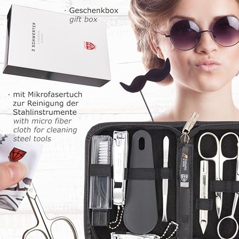 3 Swords Germany ? brand quality 10 piece manicure pedicure grooming kit set for nail care tweezers file clipper, Made by 3 Swords (BLACK - GENUINE LEATHER)