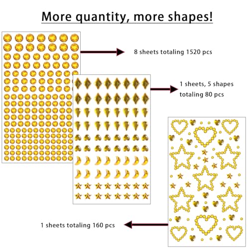 NIACONN 1760 Pcs Gold Yellow Hair Jewels Face Gems Stick on, Self Adhesive Glitter Rhinestones Stickers for Women Body Eyes Nails Festival Halloween Makeup & Crafts
