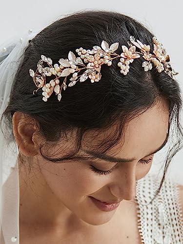 Gold Bridal Headband with Rhinestones and Pearl Flowers - Wedding Hair Accessories