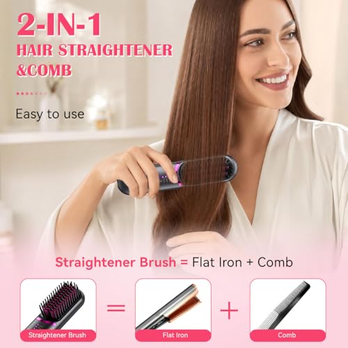 Hatteker Cordless Hair Straightener Brush Black – Portable Travel Flat Iron & Comb