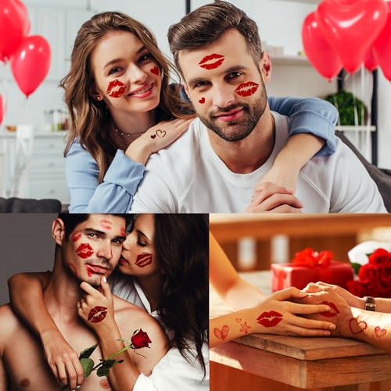 180 Pcs Large Size Valentine's Day Party Favors Kiss Lip Temporary Tattoos Stickers for Adult Women, 12 Sheets Bright Red Kiss Lip Print Fake Tattoos for Valentine's Day Costume Accessories