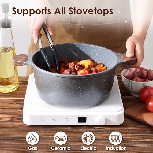 7 Quart Nonstick Stock Pot with Lid - Gray, Induction Compatible