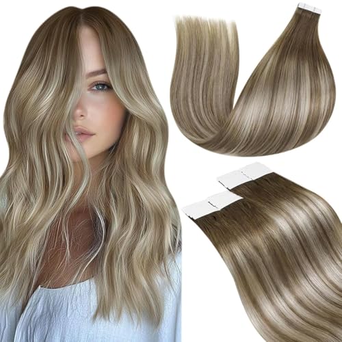 Light Brown to Blonde Tape-In Hair Extensions - 12 Inch, 20 Pieces, Ombre Variation