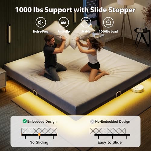Black King Size Floating Bed Frame with LED Lights & Charging Station - Modern Levitating Platform Bed
