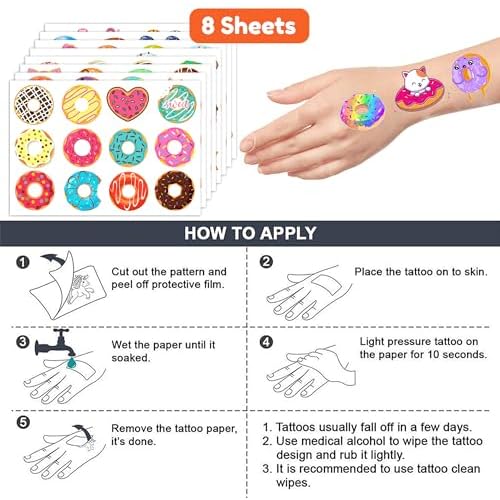 96 PCS Donut Temporary Tattoos Party Decorations Favors Supplies Doughnut Candyland Candy Theme Birthday Cute Sweet Tattoo Stickers Christmas Gifts for Boys Girls Kids Classroom School Prizes Carnival