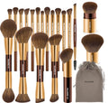 20 Pcs Makeup Brush Set - Full Collection Coffee Gold Double-Ended Kabuki & Foundation Brushes