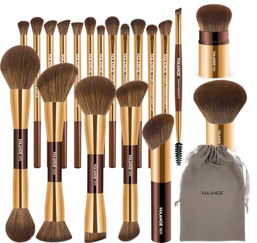 20 Pcs Makeup Brush Set - Full Collection Coffee Gold Double-Ended Kabuki & Foundation Brushes