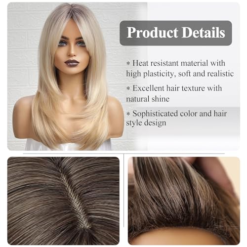 HAIRCUBE Ombre Blonde Shoulder Length Wigs with Bangs for Women - Ash Blonde Layered Synthetic Wig