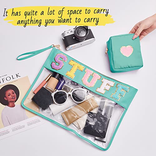 Large Chenille Letter Bag, 2 PCS Preppy Stuff Clear Bag, PU Waterproof Snack Makeup Sunscreen Bag Travel Cosmetic Pouch, Gift for Women Girls