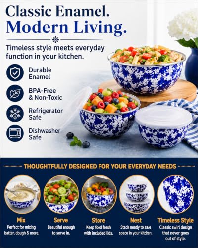 Set of 3 Enamelware Mixing Bowls with Lids - Cobalt Swirl, 3.0-4.5 Qt