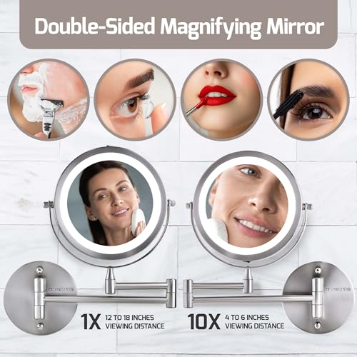 OVENTE Wall Mounted Lighted Makeup Mirror, 7" Double Sided 1X/10X Magnifying Vanity Mirror for Bathroom with LED Lights, Cordless, 360¡Æ Rotation and 13" Extendable Arm, Nickel Brushed MFW70BR1X10X