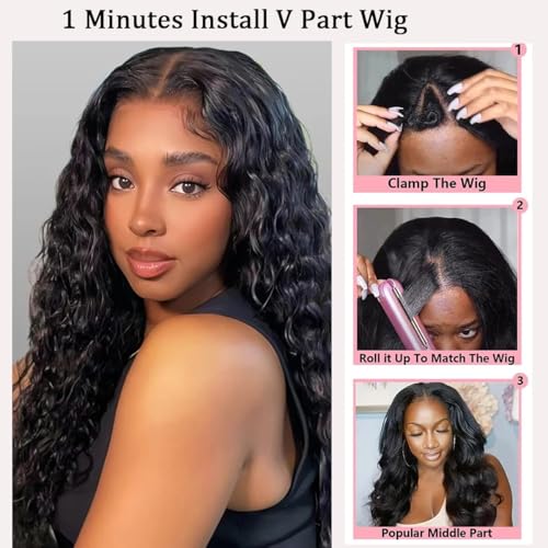 Black Water Wave V Part Wig 26 Inch Synthetic U Part Lace Front Hairpiece for Black Women - 180% Density #1B