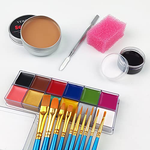 VERONNI SFX Makeup kit 12 Colors Face Body Paint Oil£¨96g£©Halloween Makeup with Special Effects Wound Scar Wax, Fake Scab Blood, Spatula, 10 Brushes,1 Stipple Sponge (02)