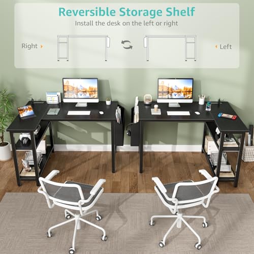 Black 39.4-Inch L Shaped Computer Desk with Power Outlet & Shelves - Small Home Office Corner Desk