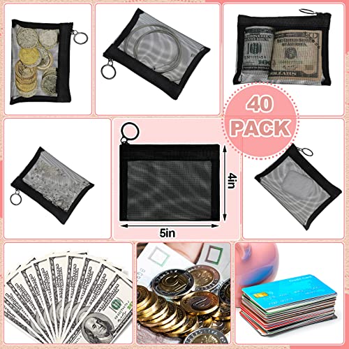 Black Small Zipper Pouch Mesh Mini Cosmetic Bag Coin Purse Bulk Mesh Coin Pouch Organizer for Women Travel Home, 5 x 4 Inch(40 Pcs)