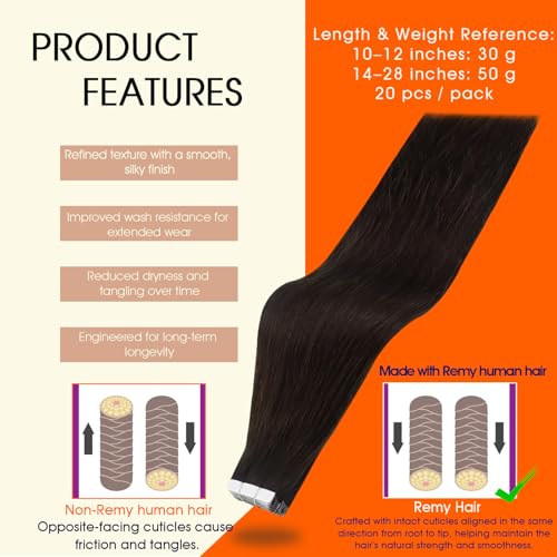 Full Shine Tape-in Human Hair Extensions Dark Brown 18 Inch 50G 20Pcs - Natural Remy Hair, Seamless & Reusable, #2 Variation