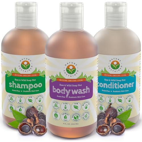 Unscented Probiotic Soapberry Body Wash, Shampoo & Conditioner Set - 3 Pack, pH Balanced for Sensitive Skin (9 Oz Bottles)