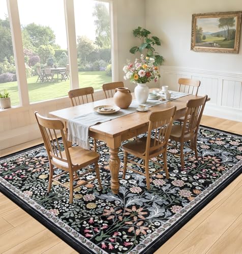 8x10 Floral Area Rug - Dark Black Washable Boho Carpet for Living Room