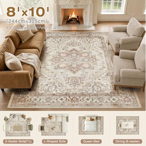 Vintage Washable Area Rug 8x10 Beige Medallion Pattern Living Room Carpet - Durable & Non-Slip