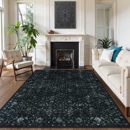 Black 6x9 Washable Area Rug for Bedroom & Living Room - Non-Slip Boho Carpet