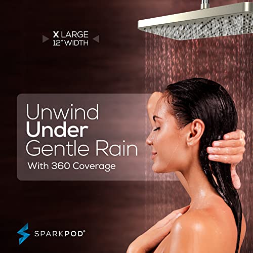 Rain Shower Head 12 Inch Rectangle Brushed Nickel Ceiling & Wall Mount - Luxury Fixed Showerhead with 184 Nozzles