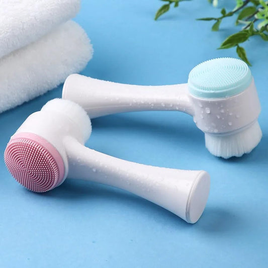 Manual Face Brush 2 in 1, Facial Cleansing Exfoliating, Silicone Double Side Face Wash Scrub Brush with Soft Bristles