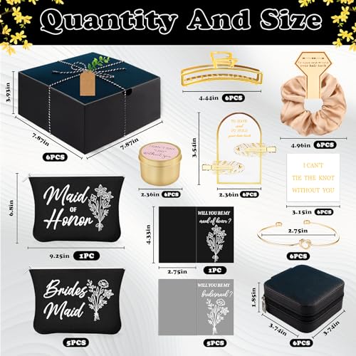 CITYCHALET 73Pcs Bridesmaid Gifts Set of 6 Black,Maid of Honor Proposal Gift Boxes Set,Cosmetic Bag Scented Candle Jewelry Box Metal Hair Clip Knot Bracelet Bachelorette Party Bridal Shower