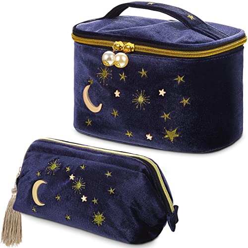 Patelai 2 Pcs Velvet Makeup Bag Moon Stars Cosmetic Bags Navy Blue Goth Embroidered Makeup Pouch Portable Travel Starry Pouch Toiletry Wash Bags Cute Storage Clutch Handbags for Women Gifts