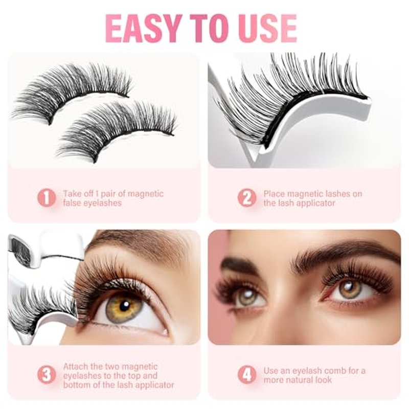 Magnetic Eyelashes, 3D Natural Look Magnetic Lashes Kit with Applicator - Reusable, Lightweight, Waterproof, Feathery Soft, No Glue, Easy to Apply for Instant Volume, 4 Pairs