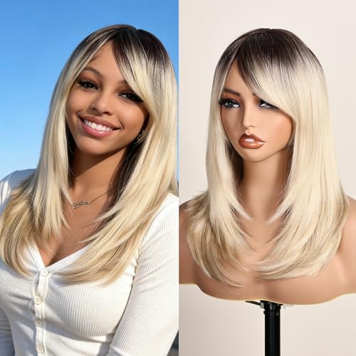 Balayage Layered Bob Wig - Ombre Blonde with Black Roots, Honey Blonde Highlights, 18 Inch Synthetic Wig with Thick Bangs & Curved Tail - Honey Blonde Variation