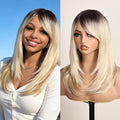 Balayage Layered Bob Wig - Ombre Blonde with Black Roots, Honey Blonde Highlights, 18 Inch Synthetic Wig with Thick Bangs & Curved Tail - Honey Blonde Variation