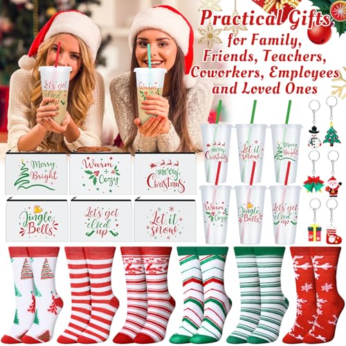 Christmas Gift Set with Tumblers Socks Makeup Bags & Keychains - Merry Christmas Variation