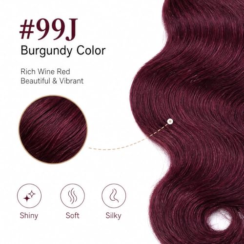 99J Burgundy Body Wave Human Hair Bundles - 12, 14, 16 Inches - Brazilian Grade