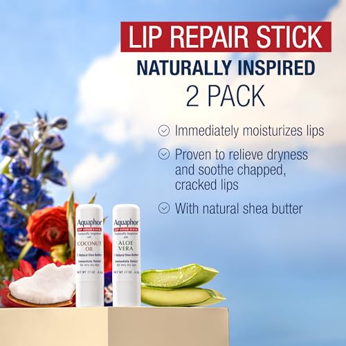 Aquaphor Naturally Inspired Lip Repair Stick Four (4) Pack with Shea Butter, Lip Balm Set, Coconut Oil, Two (2) 0.17 Oz + Two (2) Aloe Vera, 0.17 Oz