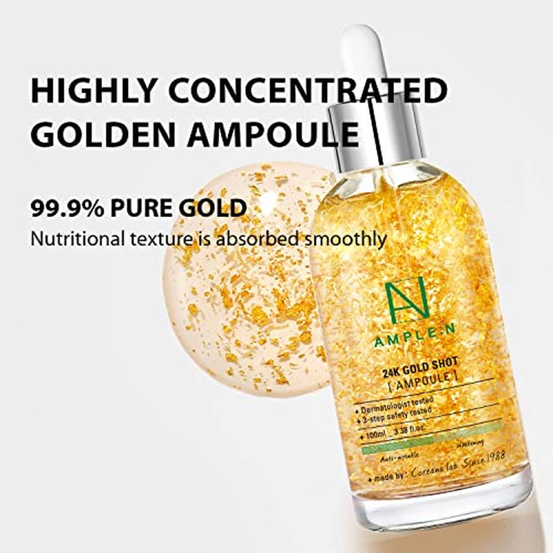 AMPLE:N 24k Gold Shot Serum - Korean 24K Gold Anti Aging Serum ? Erasing Wrinkles and Fine Lines with Collagen & Peptides ? Evens Skin Tone for Dull and Saggy Skin - 3.38 fl.oz.