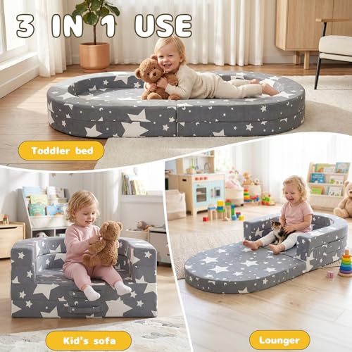 Travel Toddler Bed - Soft Foam Floor Bed Lounger with Washable Cover - Star, Medium Size