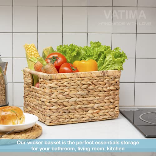Water Hyacinth Storage Basket Set with Handles - 3 Medium Rectangular Baskets (12.2"L x 8.9"W x 6.9"H) - Natural Wicker Organizers