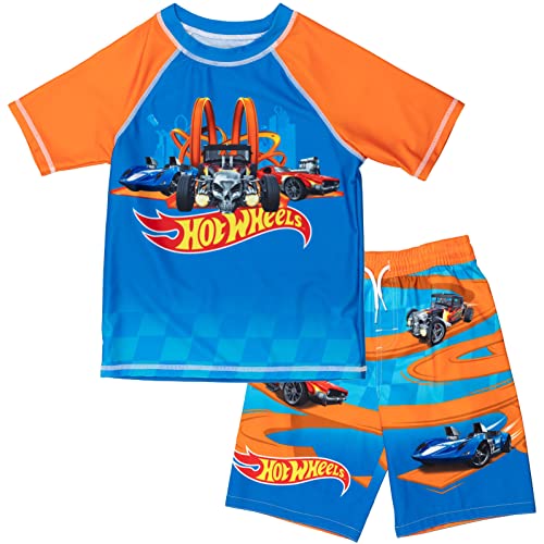 Hot Wheels Boys' 2-Piece Swimwear Set - Rash Guard & Trunks, Blue, Toddler to Big Kid