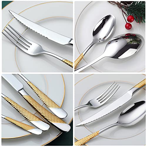OGORI Hammered Silver Gold Flatware Set 24 Pieces for 6 - Elegant Stainless Steel Dinnerware