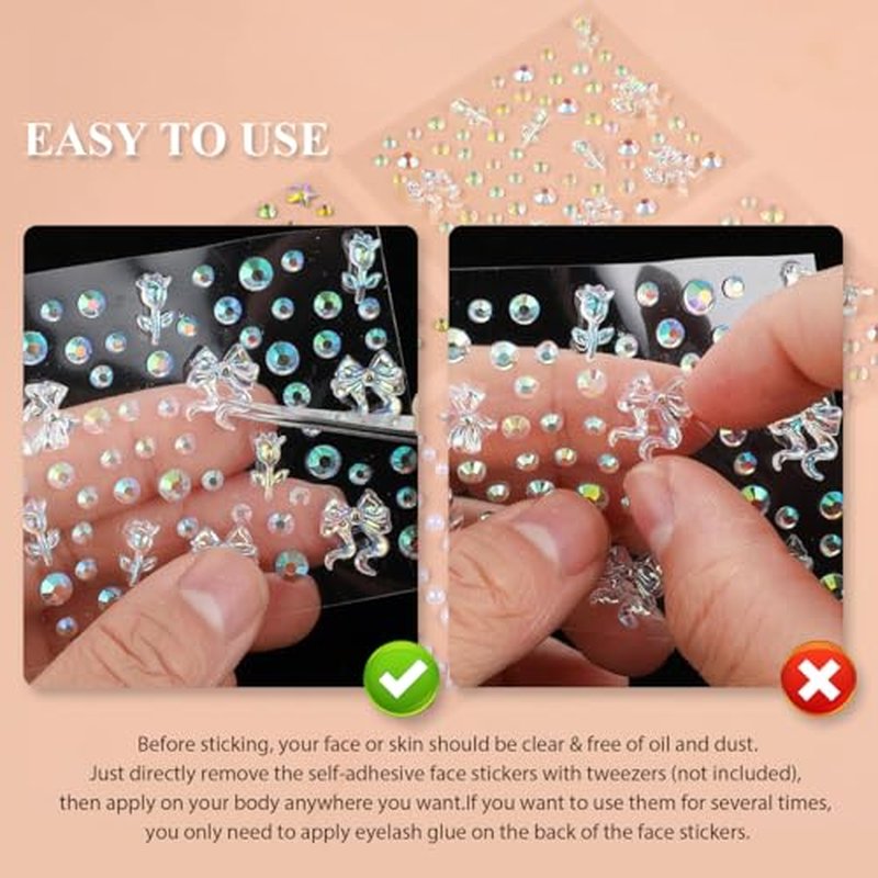 4 Sheets Face Gems Stickers, Self-Adhesive Face Jewels Diamonds Rhinestones for Makeup, Eyes, Nail Pearls Star Temporary Decoration Tattoos