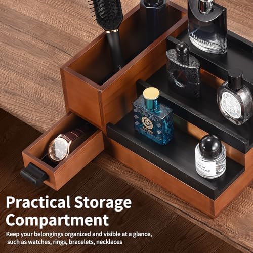 Perfume Stand Organizer for Men with 3 Tiers, Walnut & Black Finish, 1 Drawer