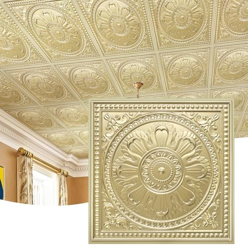 Drop Ceiling Tiles 24x24 Inches Waterproof PVC Panel Pack of 12 Champagne Gold