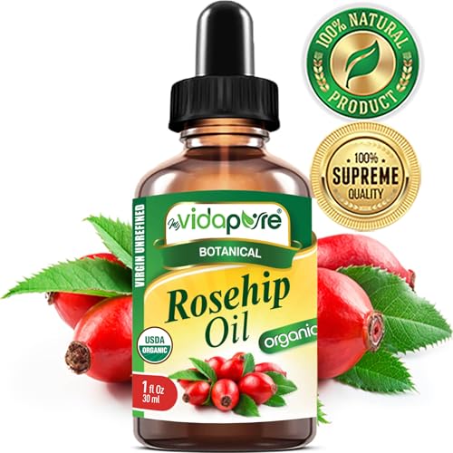 MYVIDAPURE Organic ROSEHIP OIL Certified Organic WILD GROWTH RAW Pure VIRGIN UNREFINED for Face, Body, Hair and Lip Care (1 Fl Oz)